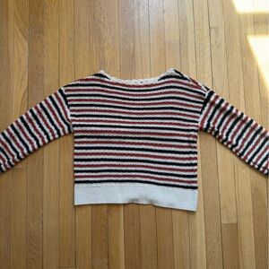 LOFT Off-the-Shoulder Striped Sweater in White, Black & Red